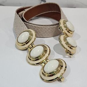 ALEXIS KIRK Signed 1980's Snakeskin Adjustable Belt Gold Buckle White Cabochons